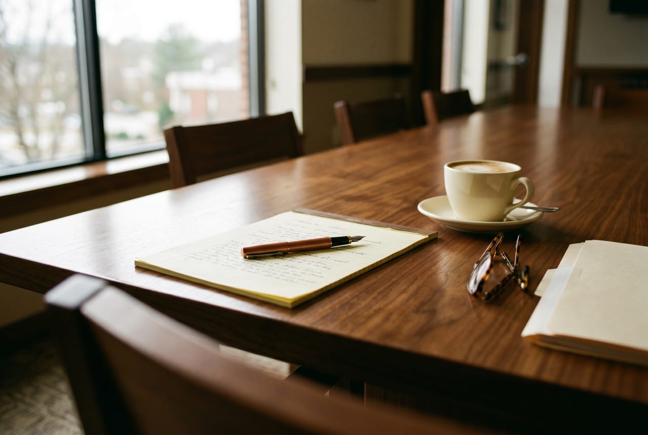 Attorney consultation across a walnut conference table with a legal pad, copper pen, and coffee cup