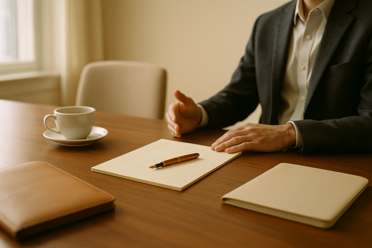 Attorney consultation across a walnut conference table with a legal pad, copper pen, and coffee cup