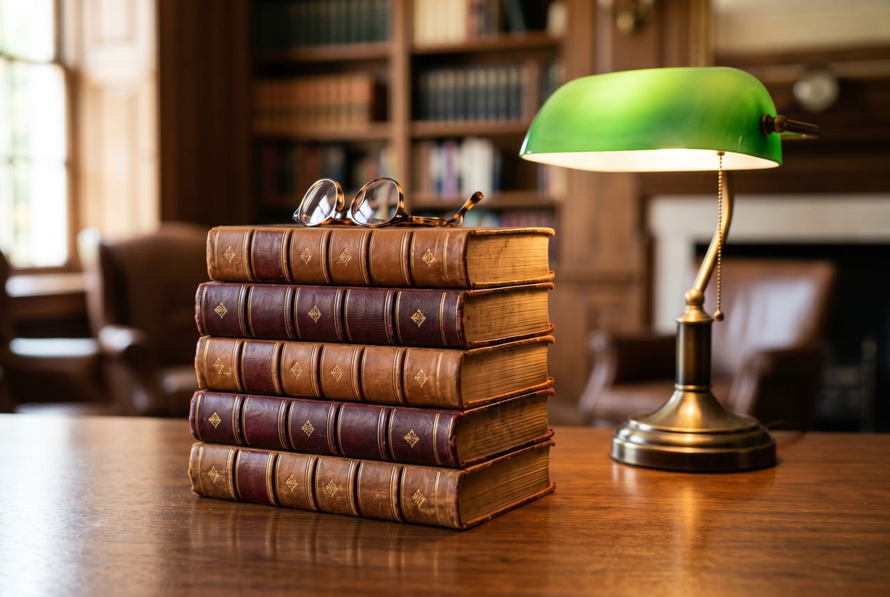 Stacked leather-bound legal reference volumes on a walnut desk with a brass banker's lamp and reading glasses
