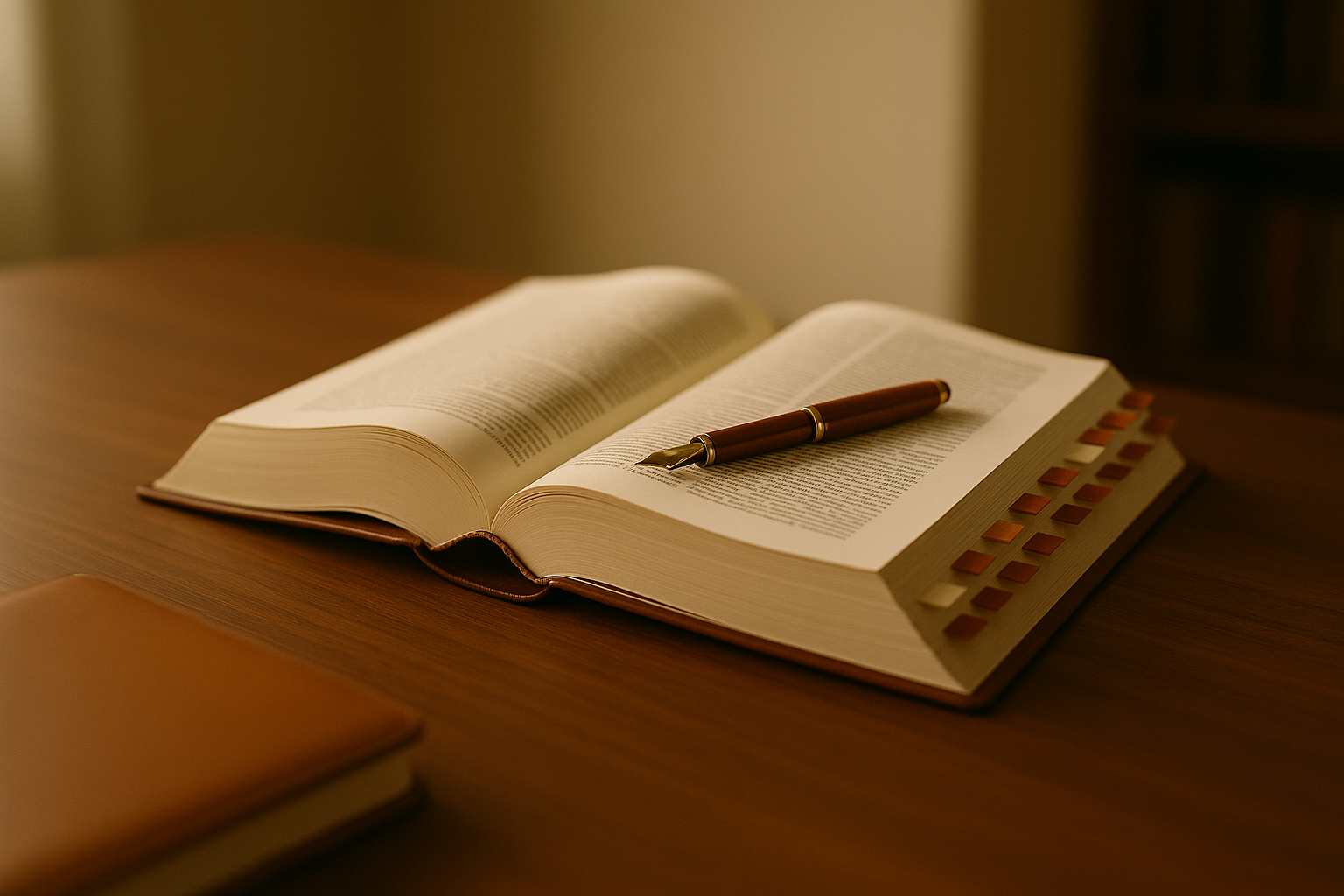 Stacked leather-bound legal reference volumes on a walnut desk with a brass banker's lamp and reading glasses