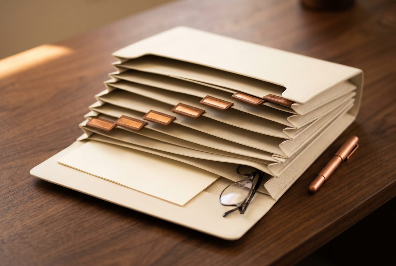 A cream leather file organizer on a walnut desk with stepped cognac and copper section dividers and a copper fountain pen alongside
