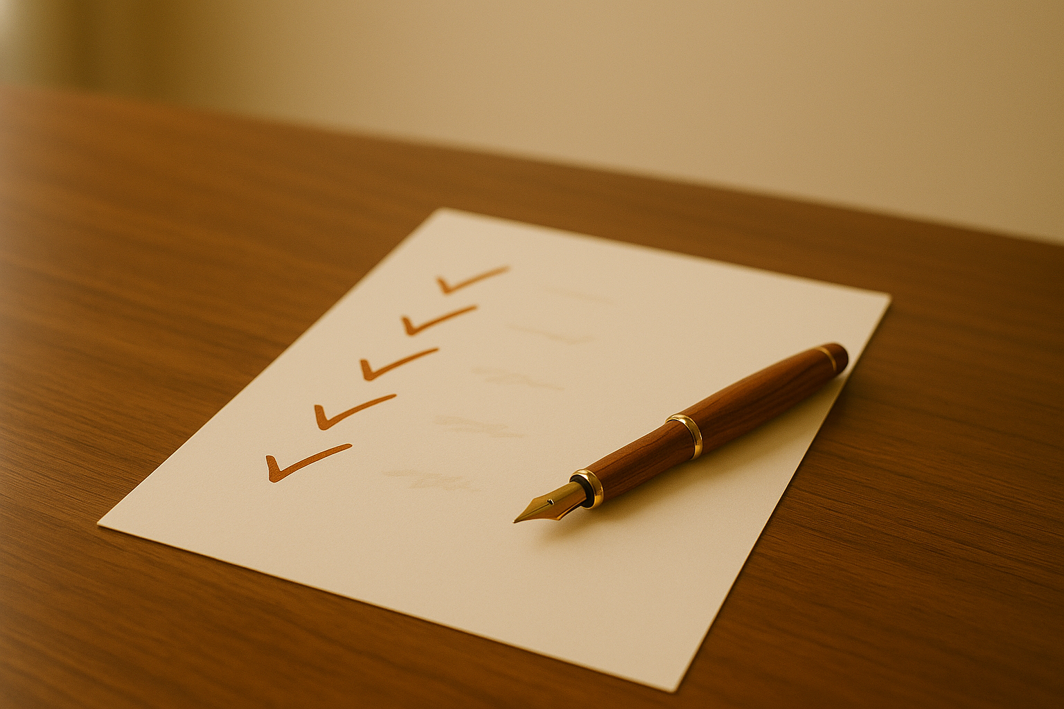 A cream leather file organizer on a walnut desk with stepped cognac and copper section dividers and a copper fountain pen alongside